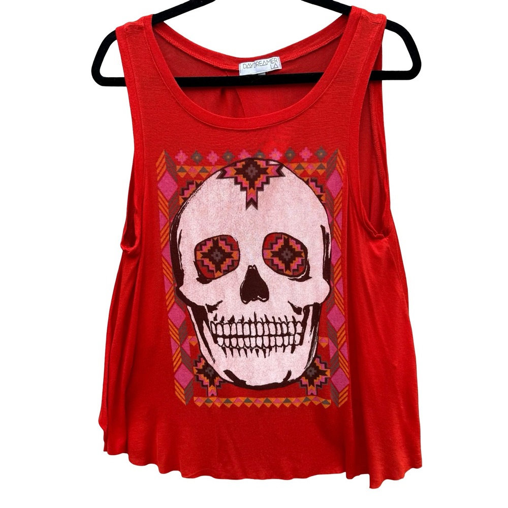 Daydreamer LA Boho Edgy Rocker Sugar Skull Drape Open Back Graphic Top Festival
